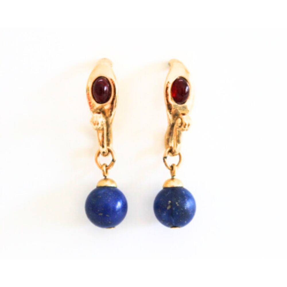 Gold Tone Earrings with Blue Lapis Drop and Garnet Accent